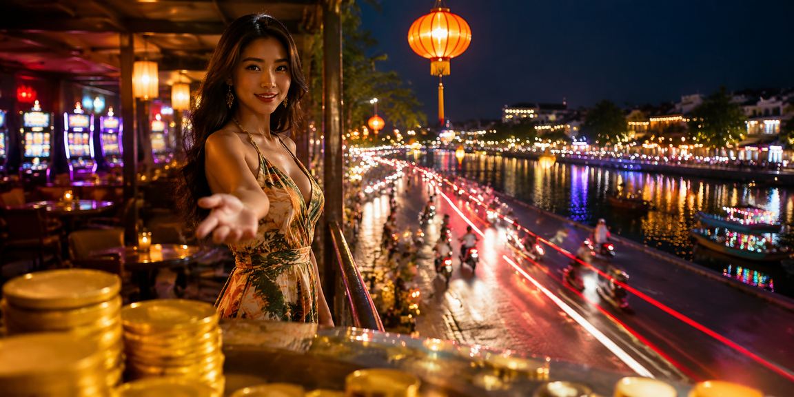 Người dùng tại Hội An thưởng thức casino trực tuyến bên ly cà phê buổi tối
