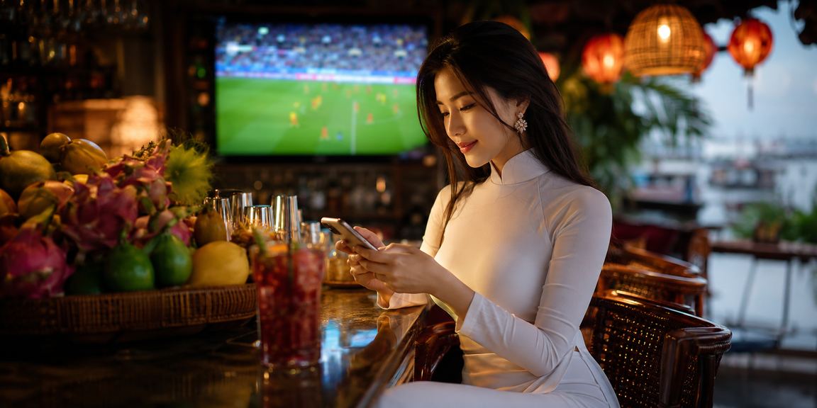 Người phụ nữ mặc áo dài chơi slot game trên điện thoại tại vùng Mekong