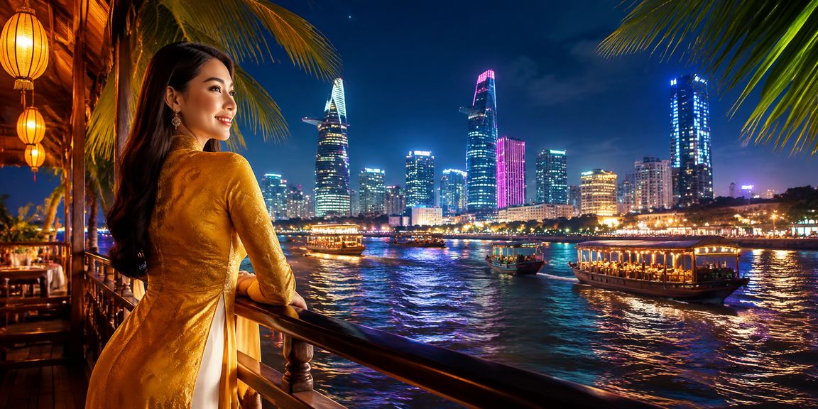 Người phụ nữ mặc áo dài theo dõi cá cược thể thao trên điện thoại tại vùng Mekong