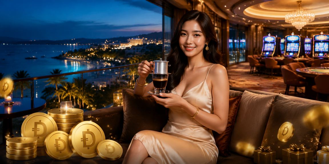 Người dùng tại Phú Quốc thưởng thức cá cược trực tuyến bên bờ biển với ly cà phê